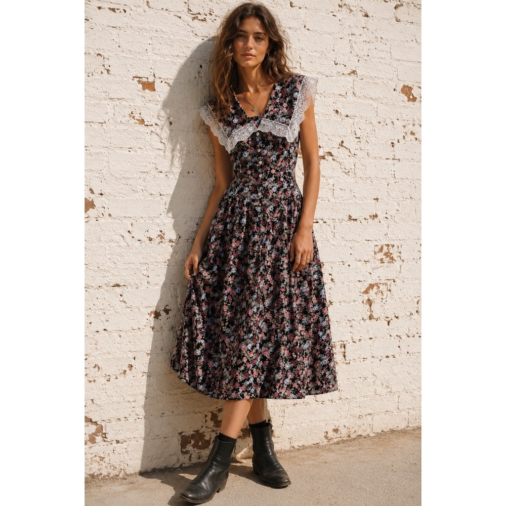 Vintage SMW Black Floral Cotton Lace Collar Midi Dress Cottagecore Sz 13/14 M/L